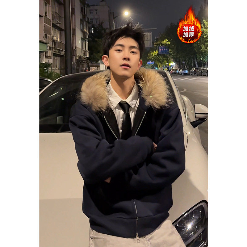 宅男社冬季新款男士加绒卫衣连帽大毛领港风双拉链开衫外套男女款