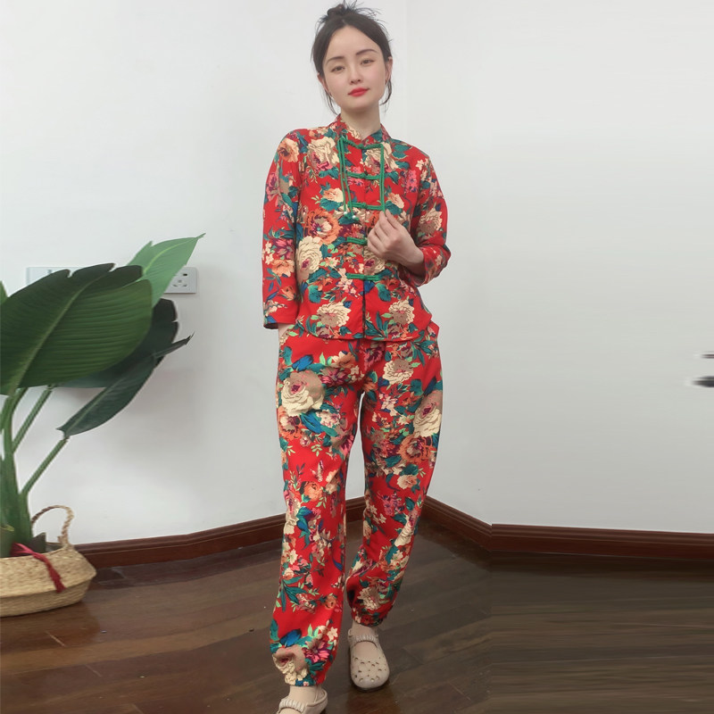 东北大花布衬衫长袖套装跳舞喜庆新款民族风两件套闺蜜伴娘演出服