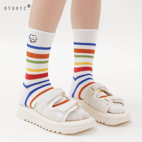 OYDOYC 学院风潮袜女士笑脸刺绣条纹中筒袜彩色彩虹潮流个性长袜