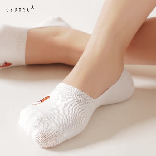 OYDOYC  硅胶防滑不掉跟船袜女夏季薄款白色浅口隐形袜动物刺绣潮