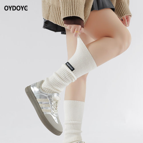 OYDOYC秋冬季加厚保暖驼绒小腿袜女高筒布标长袜韩版松口堆堆袜潮