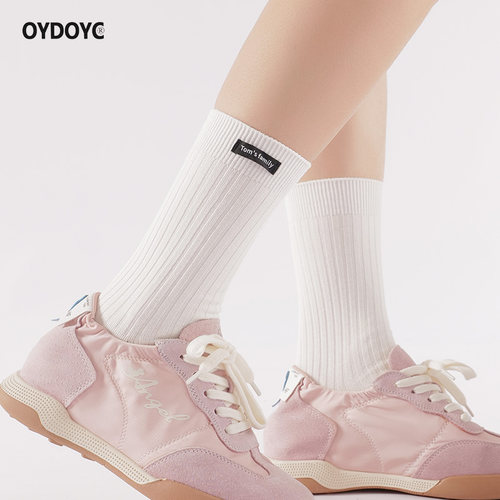 OYDOYC秋冬新款布标白色中筒袜女款纯棉运动双针长袜日系百搭潮袜