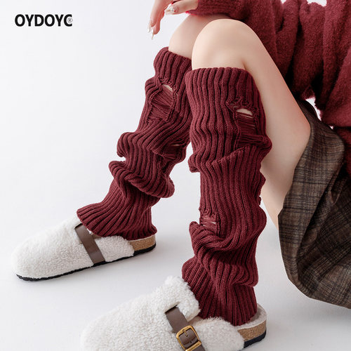 OYDOYC 秋冬季加厚保暖破洞袜套腿套女针织堆堆袜圣诞红色小腿袜