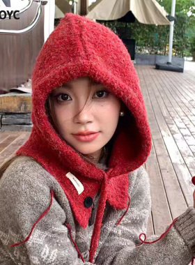 秋冬巴拉克拉法针织红色帽子女新年过年圣诞毛线帽保暖护耳披肩帽