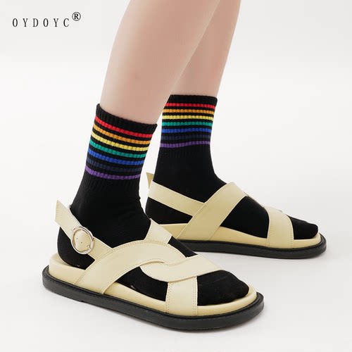 OYDOYC 条纹彩虹中筒袜女生学院风个性潮袜夏季薄款潮流ins女袜