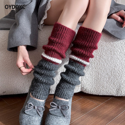 OYDOYC秋冬美拉德美式加厚保暖堆堆袜女撞色羊毛针织袜套长筒长袜