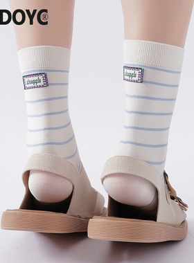 OYDOYC 条纹袜子女白色中筒袜后跟布标夏天薄款骑行袜百搭ins潮袜