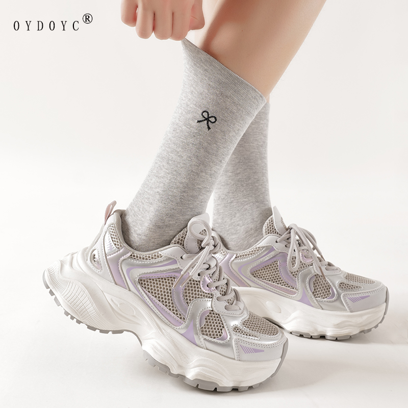 OYDOYC 蝴蝶结袜子女夏季款堆堆袜薄款芭蕾风中筒袜灰色刺绣长袜