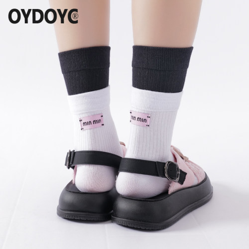 后跟布标袜子女款双层拼色中筒袜
