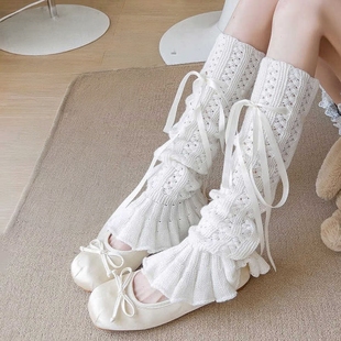 法式灰色针织绑带袜套女分叉长筒丝带腿套jk甜美蝴蝶结系带堆堆袜