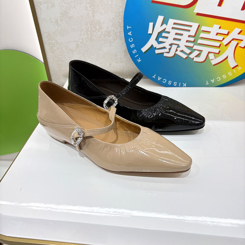 comely康莉浅口尖头一字带漆皮玛丽珍秋季款女单鞋水钻扣KYQ71008