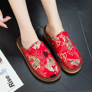金锦鲤棉麻印花居家棉拖鞋 加绒加厚保暖贴肤优质棉麻耐用透气拖鞋