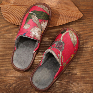 冬季换新全新国潮印花棉拖鞋舒适保暖防滑胶底不打滑棉麻易洗净