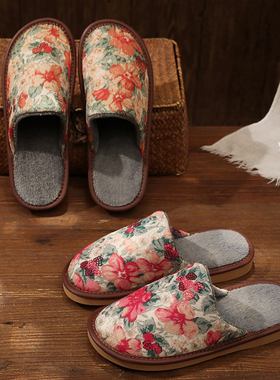 棉麻印花棉拖鞋加厚加绒保暖国风墨花TPR软底耐磨防滑居家拖鞋