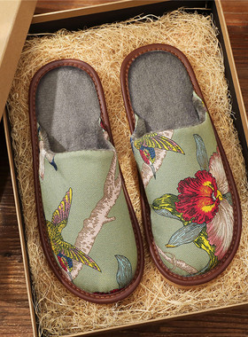 秋冬季棉麻印花棉拖鞋保暖加厚国风款TPR软底耐磨防滑居家棉拖鞋