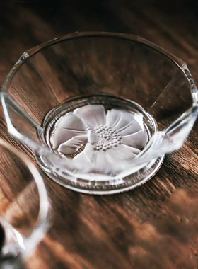 法国中古浮雕水晶玻璃高足小碗沙拉碗甜品碗八角花卉家用水果盘子