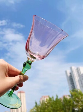 小清新花朵高脚杯中古玻璃红酒杯复古风葡萄酒杯女粉绿情人节礼物