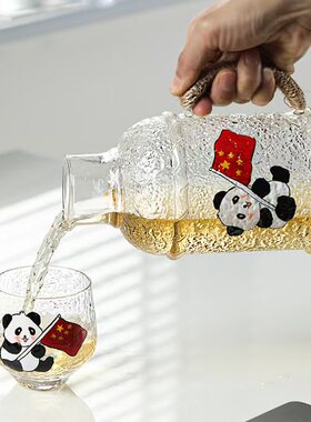 复古彩绘熊猫麻绳锤纹玻璃凉水壶耐高温玻璃水杯套装冷水壶泡茶壶