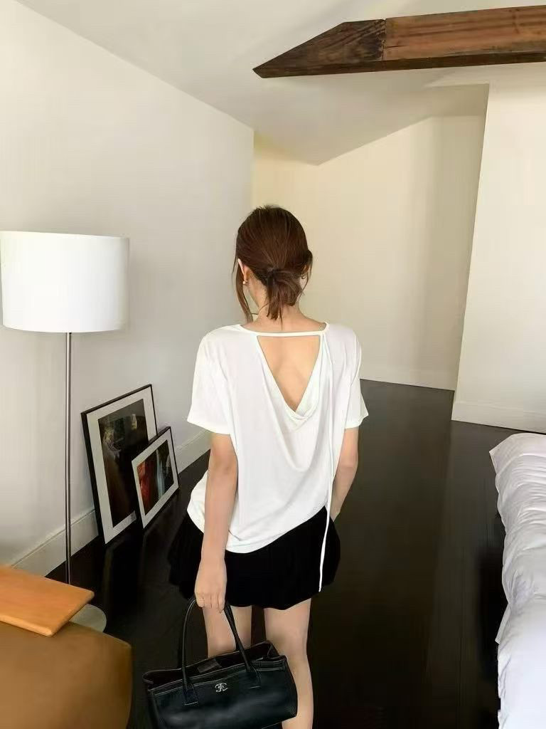 十三行2026夏季新款直筒显瘦绑带性感露背洋气纯色短袖T恤上衣