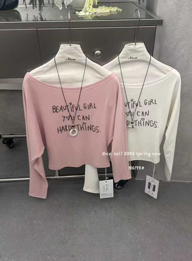 十三行2026春装新款字母刺绣一字肩长袖T恤女辣妹露肩上衣配链子