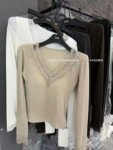V领蕾丝花边打底衫女内搭202新春季款修身显瘦上衣女