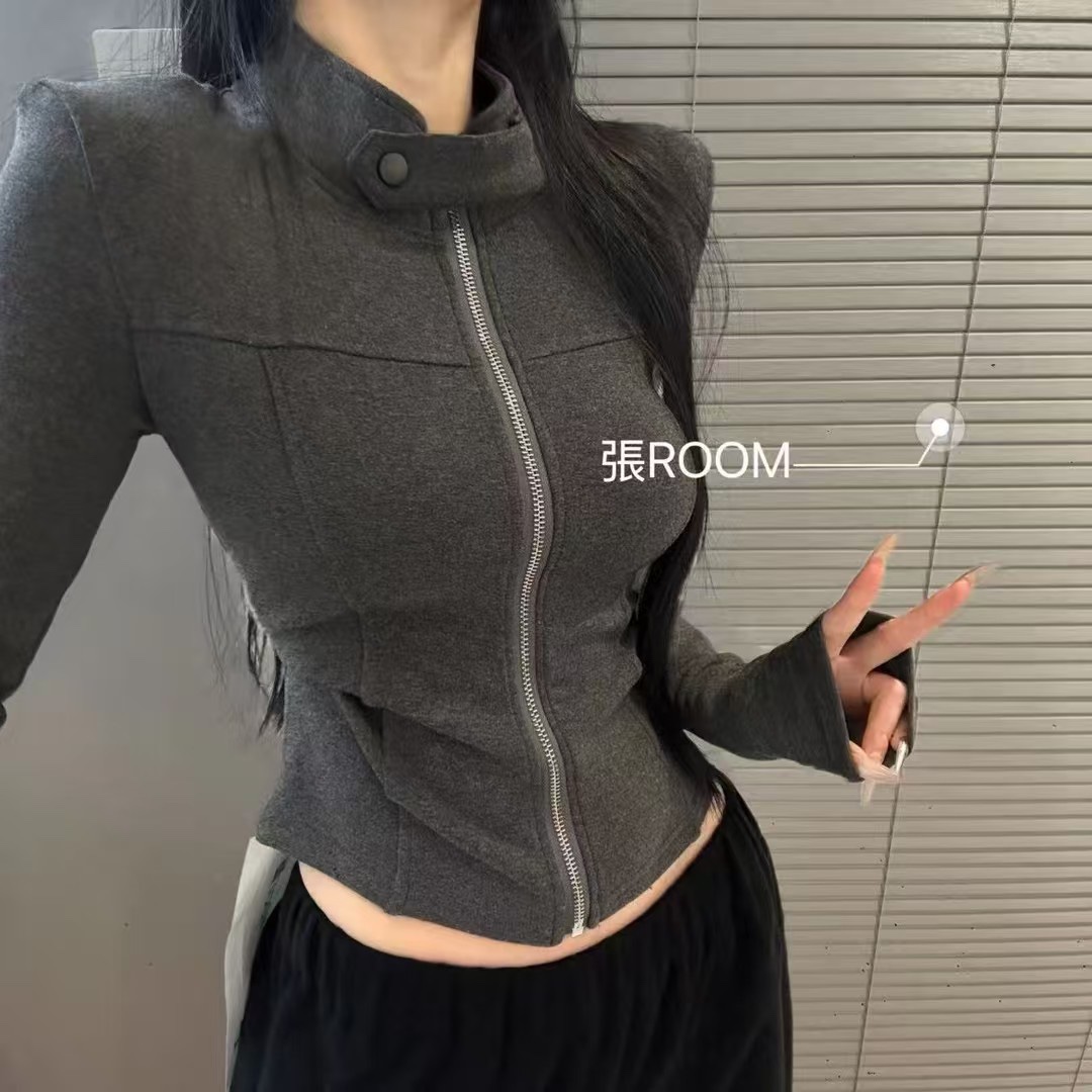 美式甜酷辣妹立领拉链短款小外套2025秋冬磨难绒女装修身开衫上衣