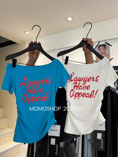 东大门2025夏季新款辣妹减龄字母印花短款韩版修身斜领短袖T恤女