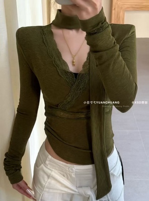 2025秋冬磨毛绒新款韩版系带交叉V领修身显瘦垫肩打底衫女上衣潮
