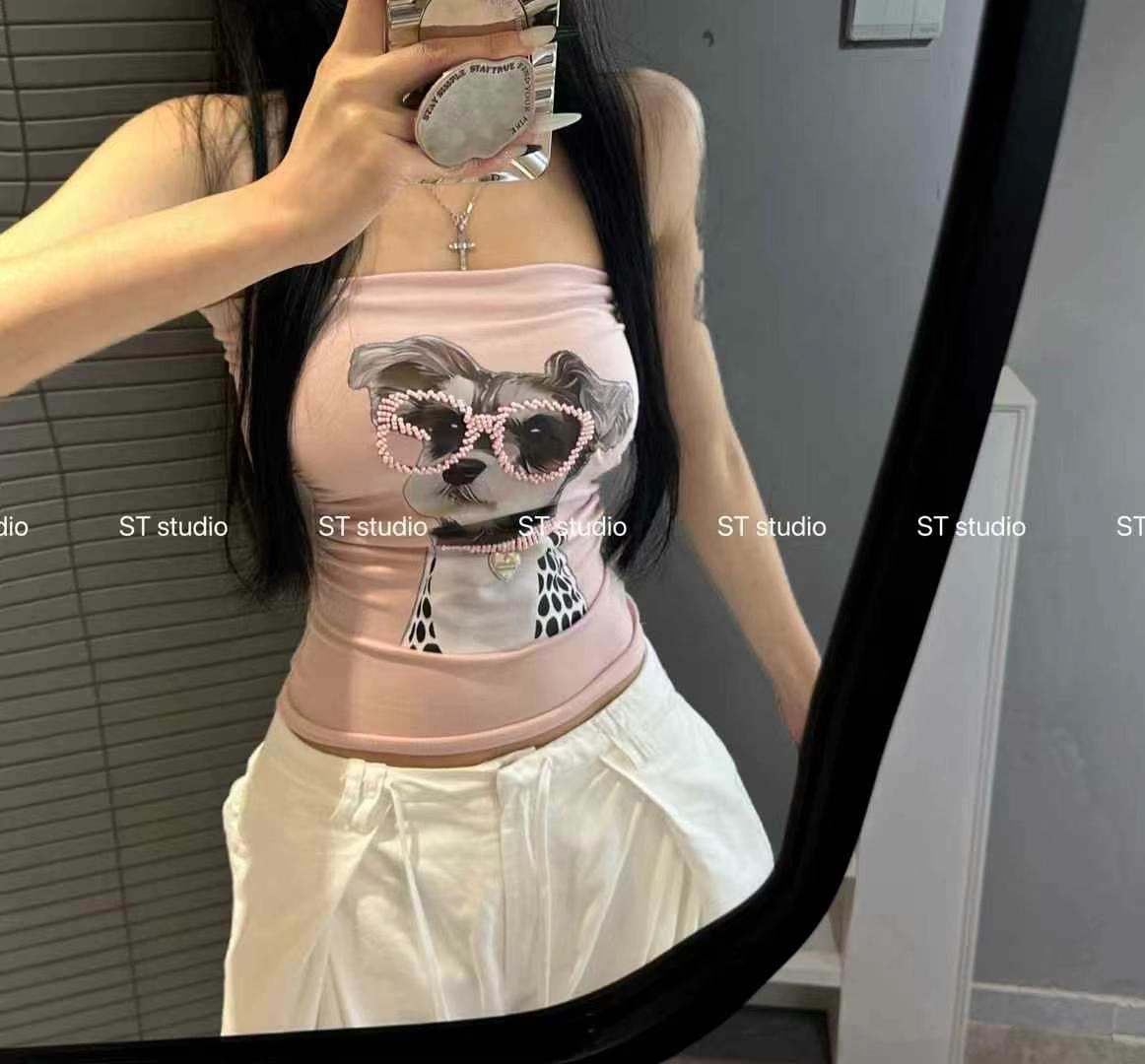 美式复古重磅小狗印花抹胸背心女宽松显瘦气质别致独特修身上衣
