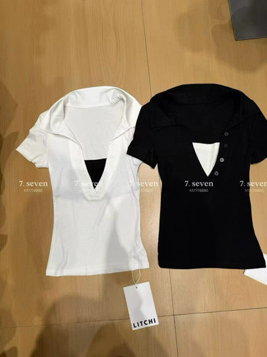 假两件POLO领黑色正肩短袖t恤女夏季修身显瘦收腰纯欲短款上衣ins