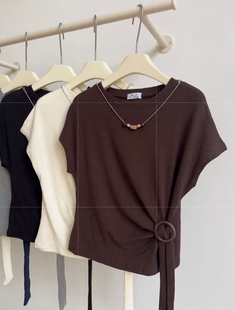 2025秋季新款时尚百搭项链圆领短袖T恤女显瘦洋气打结设计感上衣