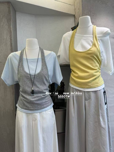 2026夏季新款韩版时尚百搭显瘦圆领挂脖拼色假两件短袖T恤女上衣