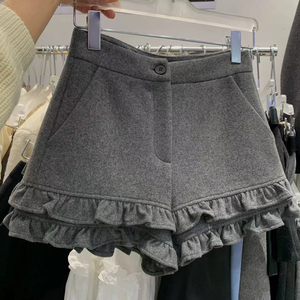 韩版百搭甜美高腰显瘦木耳边毛呢短裤女秋冬新款今年流行爆款裤子