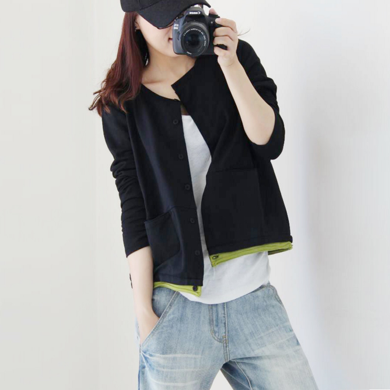 2026春秋纯棉卫衣圆领棒球服单排扣下摆拼接大码短外套开衫女显瘦
