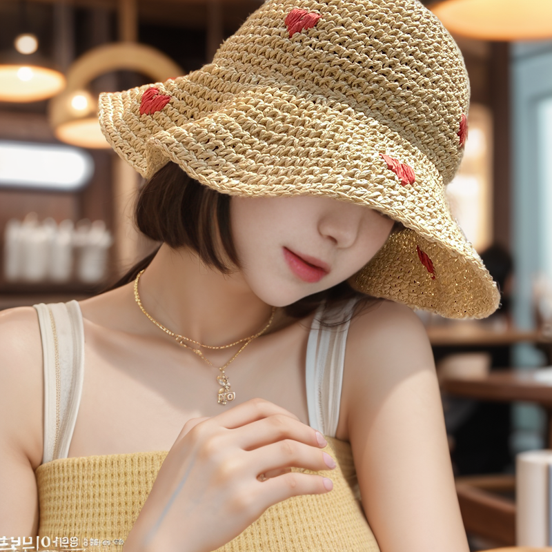 波浪边大檐草编渔夫帽子