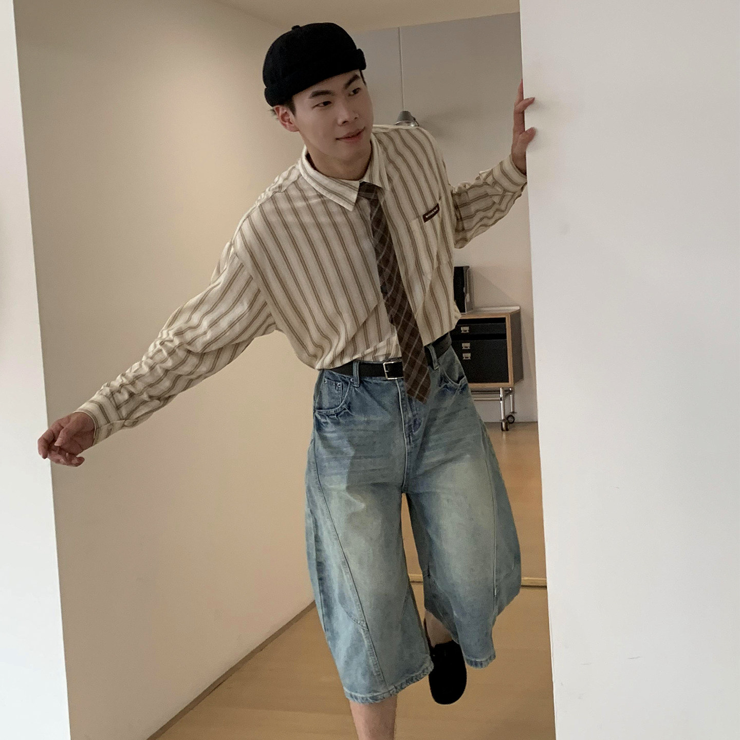 美式复古水洗夏季短裤男女款潮牌宽松弯刀阔腿七分裤子高街vibe风