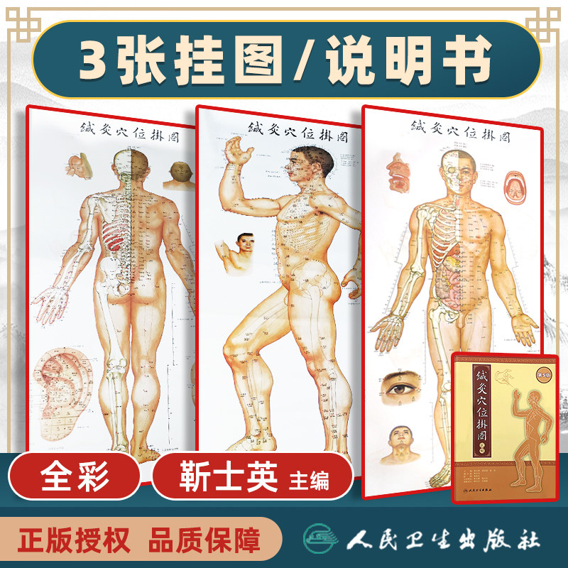 【1m0.5m】3张 针灸穴位挂图全彩彩图版 正面侧面背面三张全开本耳穴足穴 靳士英人体穴位中医学经络腧穴学书籍人民卫生出版社