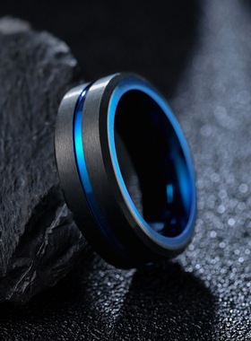 蓝间黑色沙面士钨钢戒指男女潮