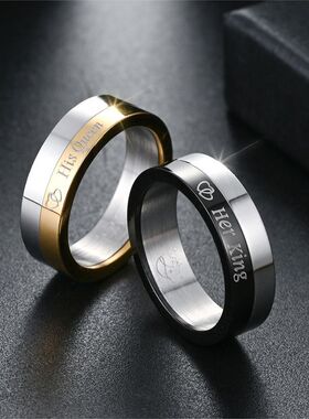 跨境新品可转动Her king His Queen情侣戒指时尚设计流行钛钢指环