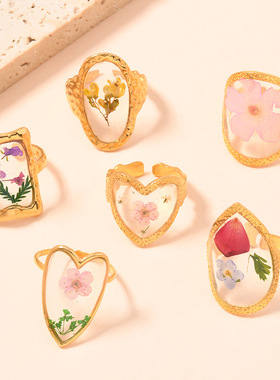 欧美新款潮流饰品 甜美可爱永生花戒指女不掉色干花滴胶开口戒