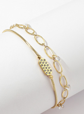 时尚双层链条镶钻石钛钢手链