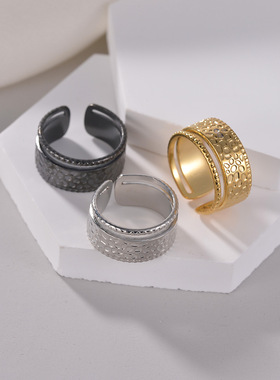 可调节捶打纹女士钛钢戒指指环