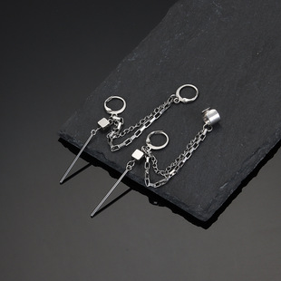 中性风冷淡风耳环链条耳夹流苏长棍子钛钢耳钉男女街头不锈钢保色