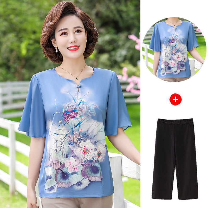 中老年女装夏装新款中袖上衣裤子两件套中年女士妈妈装高贵套装