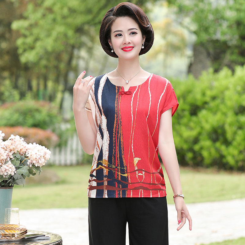 中老年女装夏装新款时尚上衣裤子套装中年妇女夏季短袖清凉套装