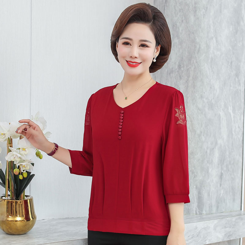 中老年女装春装新款上衣40-50中年妈妈装春夏时尚七分袖T恤打底衫