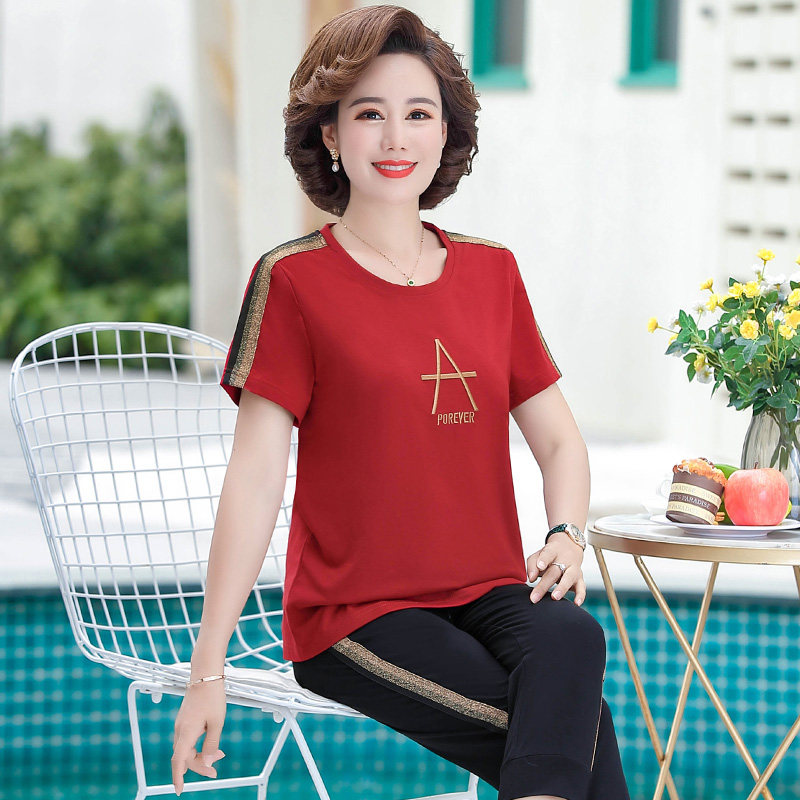 中年女士妈妈装夏季时尚吸汗上衣裤子两件套中老年女装透气套装