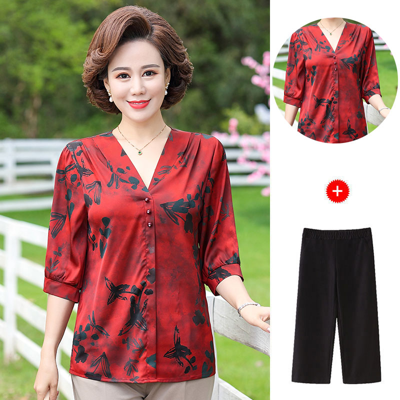 40-50岁中年妈妈装夏装新款上衣裤子两件套中老年女装气质套装