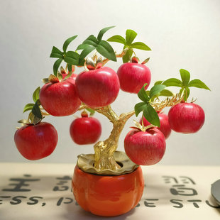2026马年宵平平安安仿真花苹果盆栽事事如意柿子干花石榴桌面摆件