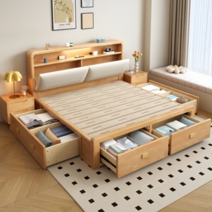 现代简约实木床1米8双人高箱储物收纳大床1米5带抽屉婚床2025新款